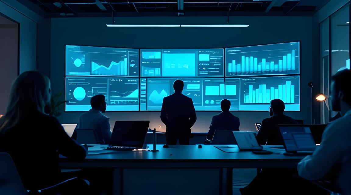 Equipo de recursos humanos revisando paneles de analítica en una oficina moderna con luz tenue y pantallas de métricas