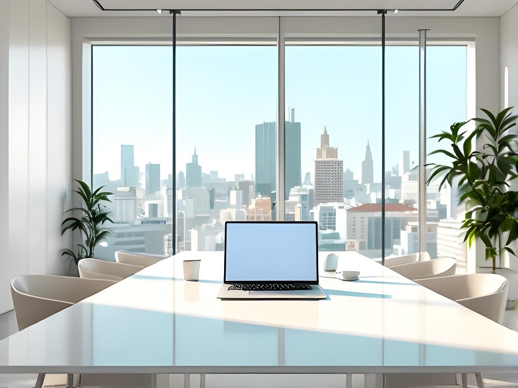 Sala de reuniones luminosa en Madrid con mesa de trabajo, portátil abierto y pared acristalada con vistas urbanas