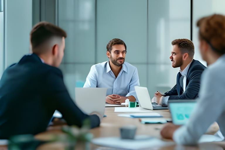 Consultora de recursos humanos guiando una sesión estratégica con directivos alrededor de una mesa en una oficina de Madrid