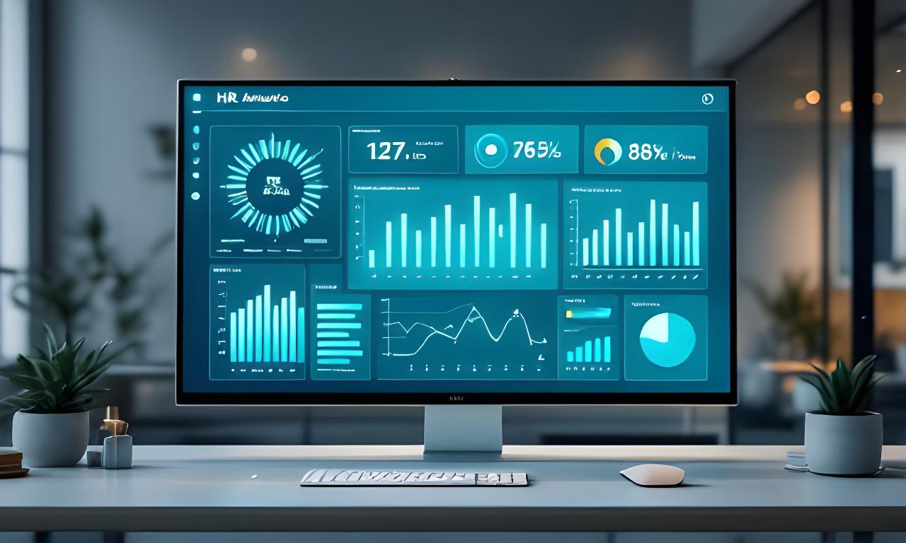 Dashboard de IA para recursos humanos con métricas de contratación, rotación y rendimiento en una oficina moderna