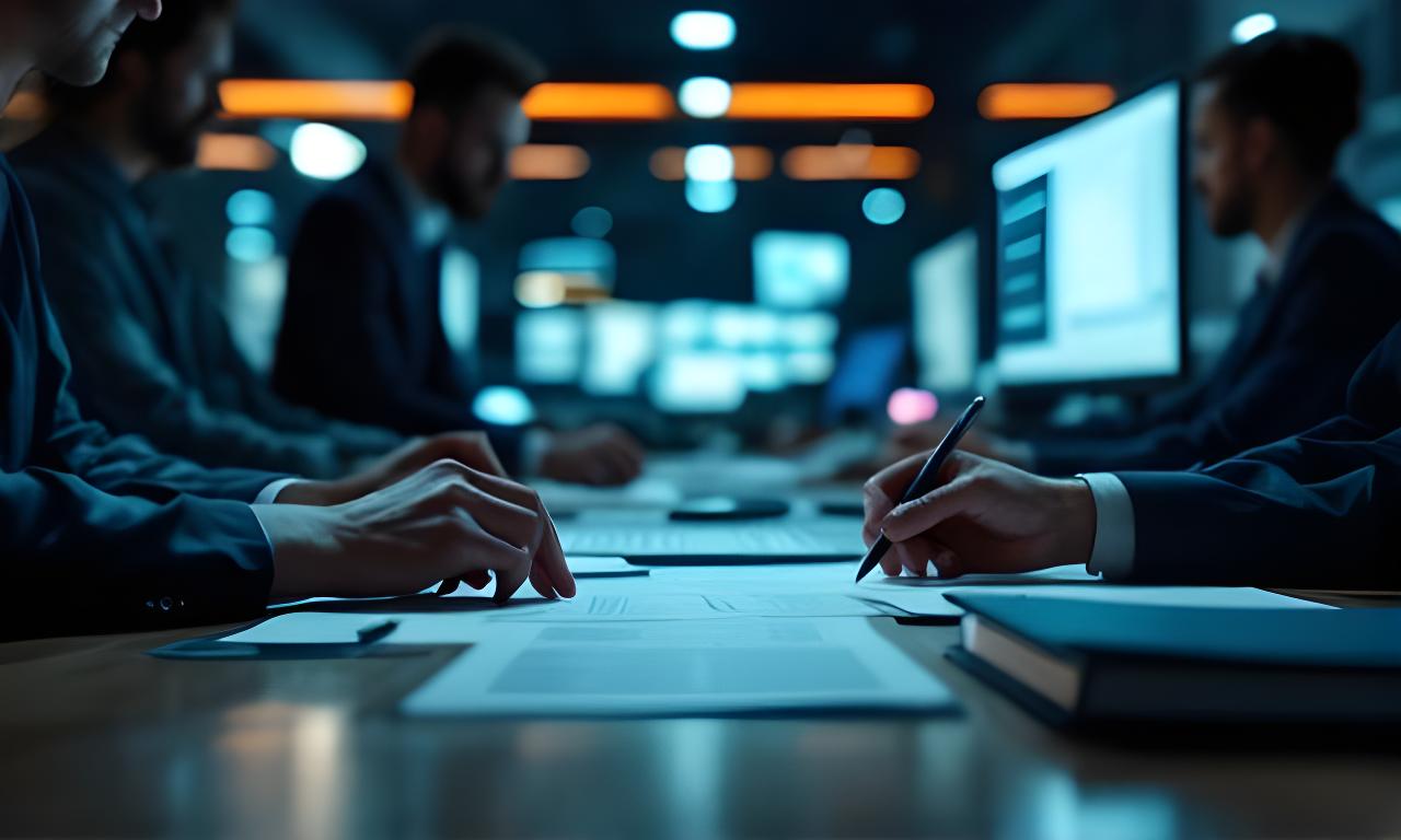 Equipo de cumplimiento revisando documentación legal en una sala moderna con pantallas y luz tenue