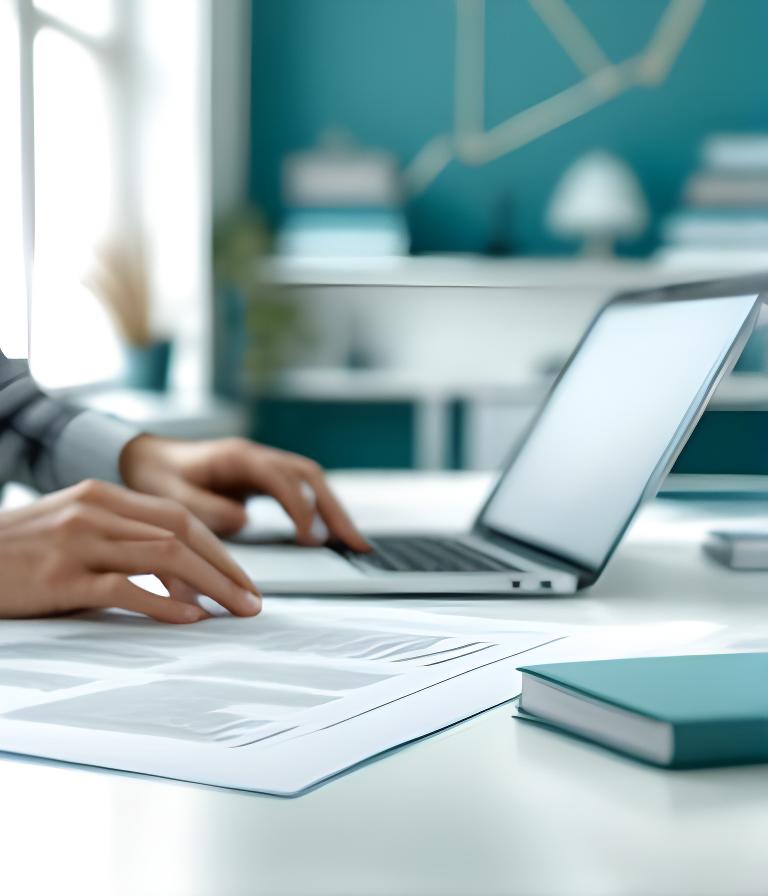 Asesora legal revisando un documento de privacidad junto a una laptop en una oficina luminosa de Madrid