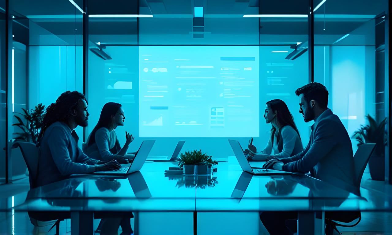 Equipo de selección revisando candidaturas en una sala moderna con paneles de datos y portátiles abiertos