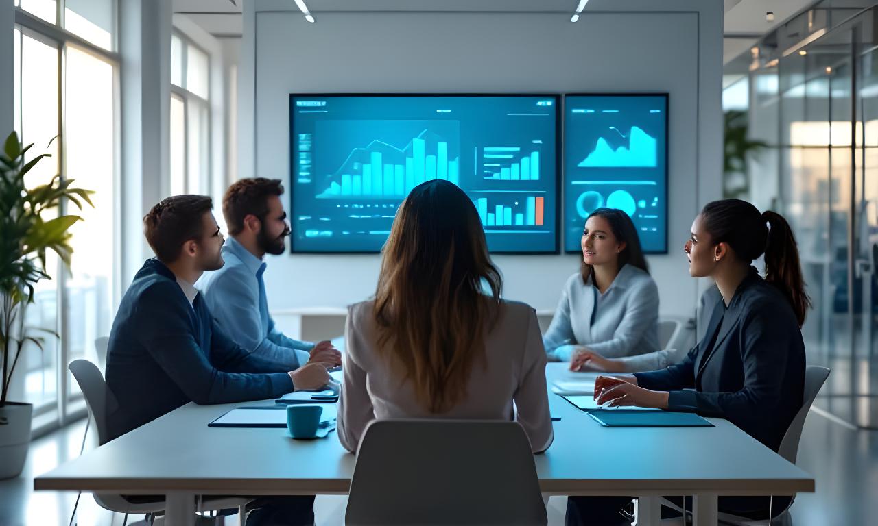 Equipo de consultoría de Modernas Soluciones reunido en una oficina luminosa de Madrid, revisando paneles de analítica de RRHH